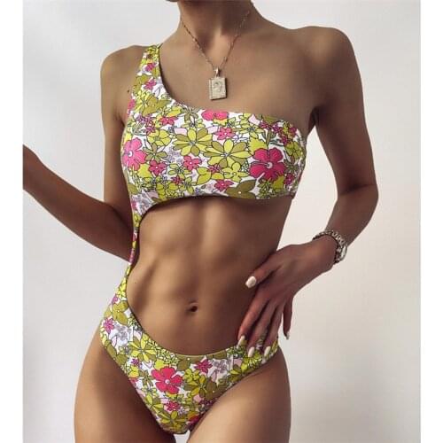 GNIM One Shoulder Swimwear Women Sexy Hollow Out Bandeau Swimsuit Female One Piece Print Backless Swim Bathing Suit Biquini New