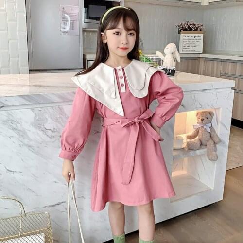 Cute Kids Girls Dresses Asymmetrical Peter pan collar Cotton A-Line princess Dresses with Belt 2020 Autumn Girl children clothes