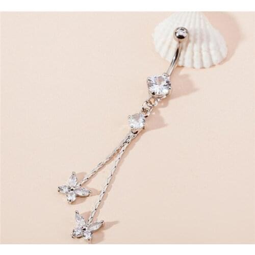 Fashion Shiny Butterfly Flower Zircon Pendant Stainless Steel Belly Button Ring Beautiful Navel Piercing Body Fashion Jewelry