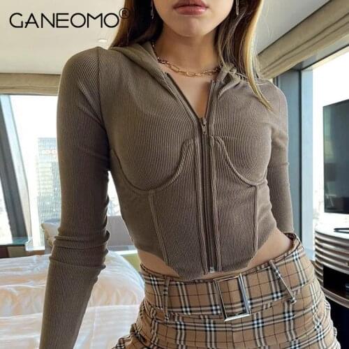 Fashion Casual Brown Gray Hoodies Streetwear Joggers Brown Corset Jackets Women Vintage Cropped Hooded Coat 2021 Autumn Winter