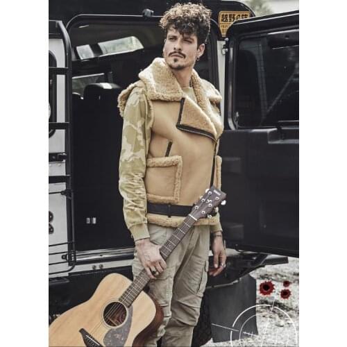 Mens Shearling Sheepskin Vest 2018 Fashion Sheepskin Jacket Super Big Lapel Camel Color