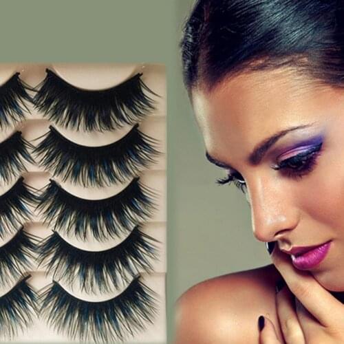 5 Pairs Women Long Thick Blue Black False Eyelashes Fake Cross Eye Lashes for Makeup Studio