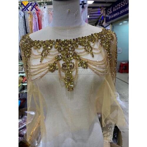 XFX VENUS 1 Piece Gold color Sewing Stone Beads Patches Rhinestone Collar Appliques Bodice Crystal Patch for Dresses