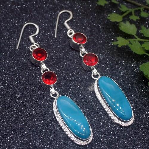 Charming BotswanaAgate Red Garnet Silver Color For Women Drop Dangle Earrings 3 Inch HD615