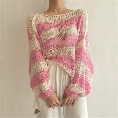 One-shoulder Striped Color-blocking Hollow Sunscreen Sweater