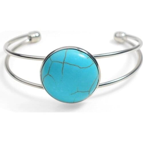 Silver Plated Round Cabochon Green Turquoises Stone Bangle for Party Gift Ethnic Style Jewelry