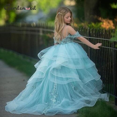 Puffy Flower Girl Dresses Off The Shoulder Princess Dress Tulle Puffy First Communion Dress Cute Kids Dress