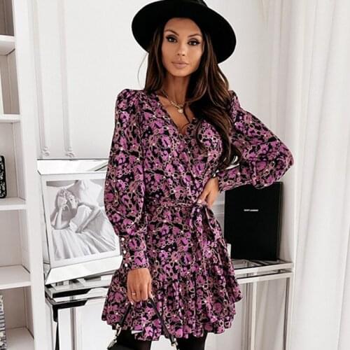QINJOYER Women Elegant Dress V-Neck Ruffle Dress Long Sleeve Chain Floral Print Mini Dress Female Sexy Mini Party Dress
