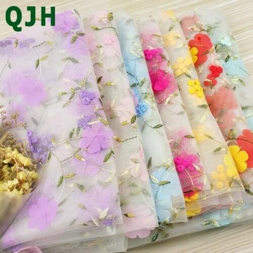 QJH 7 Colors New 3D Fowers Mesh Embroidery Applique Fabric Handmade DIY Dress Clothing Accessories African Chiffon Fabrics