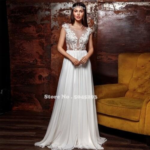 Sexy Chiffon Wedding Dresses O-Neck Lace Appliques Cap Sleeve Backless A-Line Bridal Gowns Sweep Train Robe De Mariée Vestidos