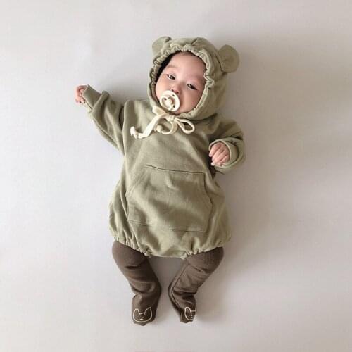 2021 Baby Spring and Autumn Dress Cute Little Bear Cotton Simple Solid Color Hoodie for Boys and Girls Triangle Creeping Suit
