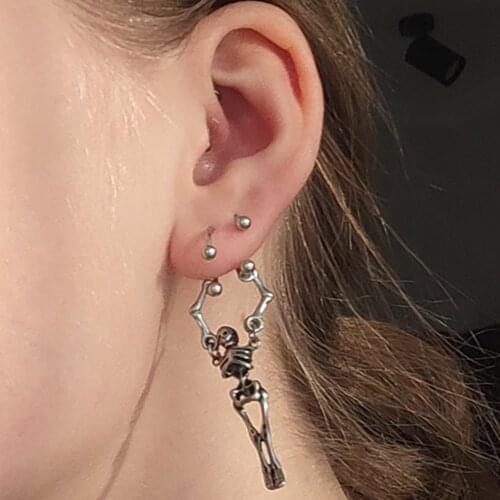Vintage Punk Silver-Color Skull Skeleton Pendant Dangle Earrings For Women Hip-hop Asymmetry Ear Tragus Piercing Nipple Barbell