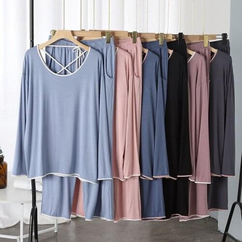 Spring and summer plus size modal pajamas home service beautiful back U-neck suit long-sleeved trousers 2pcs thin casual fashion
