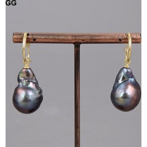 GuaiGuai Jewelry 18MM Natural Black Keshi Baroque Freshwater Pearl Earrings Gold Color Plated hook For Women