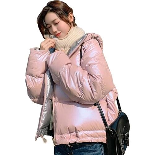 2019 Winter Jacket Women Double Sided Silver Down Parkas Coat Thick Warm Hooded White Duck Down Jacket Waterproof Loose Coats