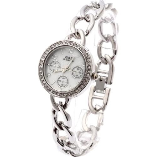 2016 G&D Women Watch Silver Stainless Steel Band Rhinestone Luxury Bracelet Watch Womens White Dial Quartz Analog Wrist Watches