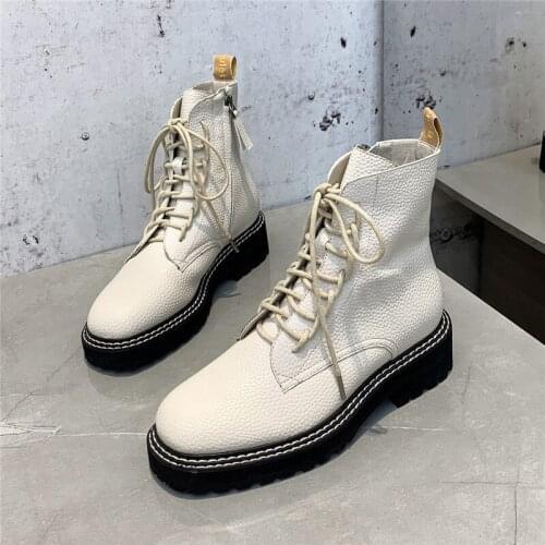 2020 Genuine Leather Women Boots Winter Plush White Ankle Boots Platform Motorcycle Boots Zipper Fur Female Autumn Boots Punk
