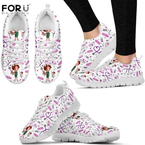 FORUDESIGNS Funny Cartoon Nurse Girl Pattern Woman Flats Shoes Spring/Autumn Mesh Lace Up Sneaker Nursing Female Casual Footwear