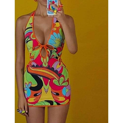 2021 Skinny Print Halter Mini Dress Women Summer Hollow Out Sleeveless Bodycon Dresses Hipster Backless Sexy Streetwear