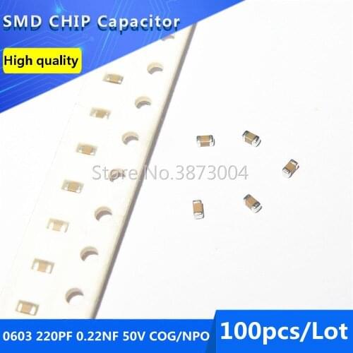 100pcs 0603 220PF 0.22NF 50V COG/NPO 5% SMD Chip Capacitor