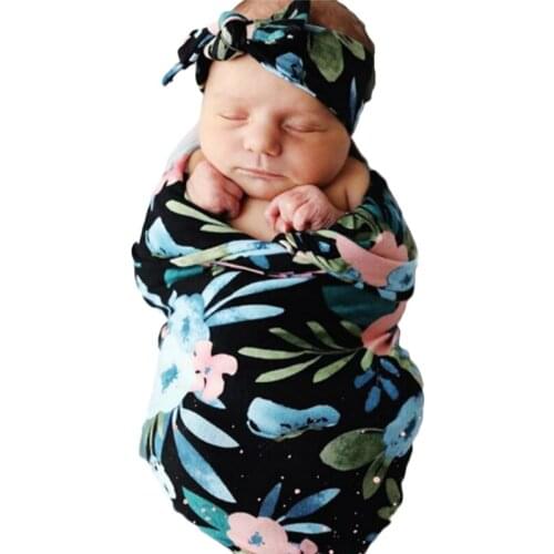 2020 Blanket+Cap+Headband Set Baby Floral Print Swaddle Blanket Hat Bowknot Headwear