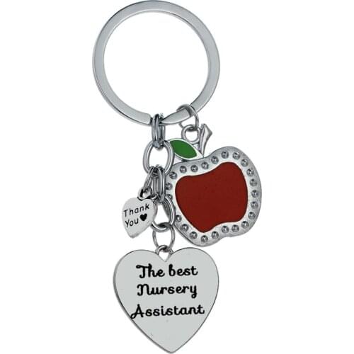 12PC/Lot Hot Apple Love Heart Charms Keychain The Best Nursery Assistant Keyring Gifts For Women Men Thank You Teachers Presents