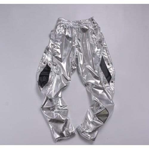 Hip hop Women Shining Silver Side Split pants for Stage Plus size 8XL Night Club Sexy Metallic Side Button trousers X9100