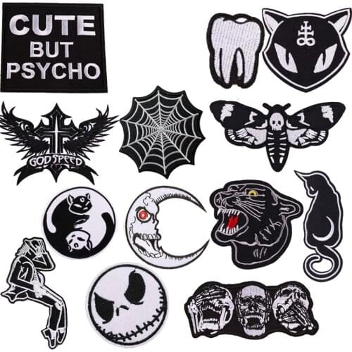 Black Skull Patches Punk Style Spider Web Letter Iron On Embroidered Appliques 3D Diy Tooth Wings Clothes Stickers