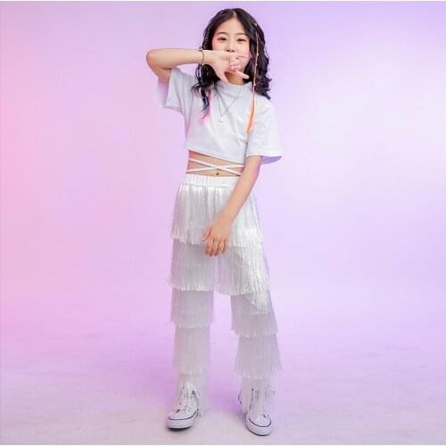 Kids Girls Dance Stage Fashion Show Clothing Costumes Children Streetwear Hip Hop Jazz Sets Shorts Sleeve T-shirt Tassel Pants
