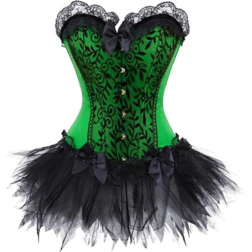 Corset Bustier with Mini Tutu Skirt Gothic Slimming Plus Size Lace Overlay Korsage Dress Carnival for Women Party Club Night