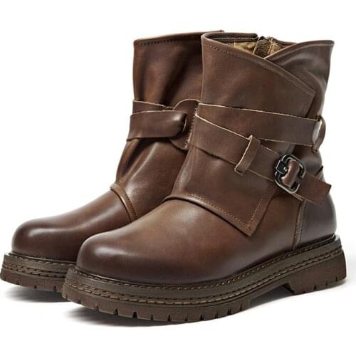 Leather Martin Boots Female British Style Autumn and Winter New Middle Tube Top Layer Cowhide Boots Handmade Retro Leather Boots