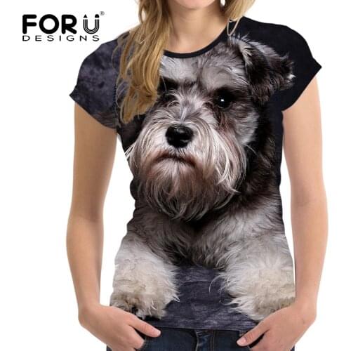 FORUDESIGNS Cute 3D Schnauzer Women T Shirt Tees Woman Tops O Neck Elastic Ladies Basic Shirt For Girl Female T-shirt Size S-XXL