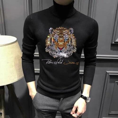 Tiger Hot Diamond High-Quality Thermal Fabric Winter Mens Turtleneck Sweater Thick Knitted Pullover Long-Sleeved Casual Tops