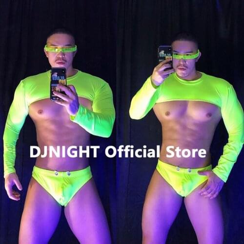 Men Fluorescent Color Suit Cropped Top Briefs Gogo Clothing Male Sexy Nightclub Ds Costume Pole Rave Outfits Clubwear XS2136