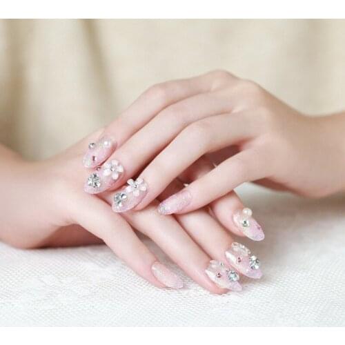 24pcs/Set Pretty Purple Glitter Fake Nails Round Short White Flower Wedding Bride Nail Full Tips Glue Sticker Press on Nails