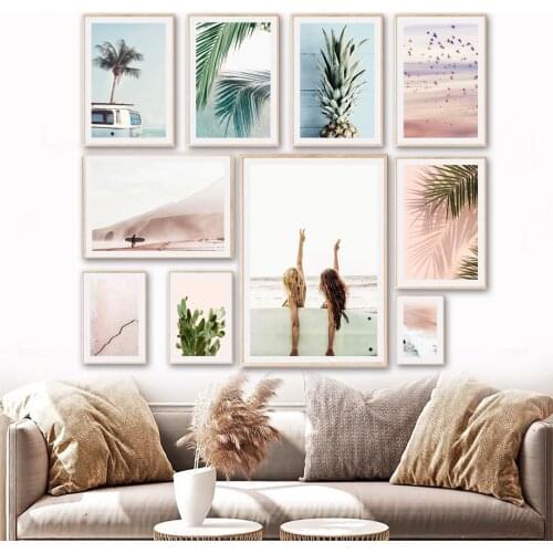 Beach Surf Girl Palm Leaf Car Van Waves Cactus Bird Wall Art Prints Canvas Painting Nordic Poster Decor Pictures For Living Room