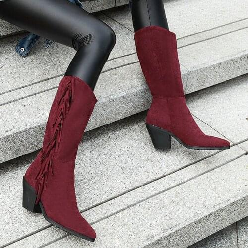 New Faux Suede Autumn Winter Ladies Warm Knee High Boots Fashion Tassel Slip On Shoes Female Thick Heel Pointed Toe Boots