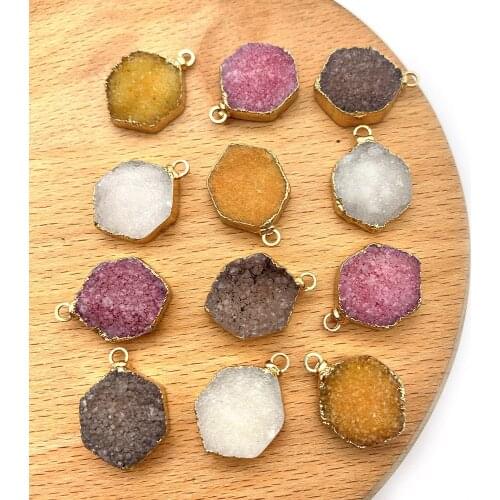 2pcs/pack Natural Semi-precious Stone Charms Hexagon Shape Pendants DIY for Making Necklace Crystal Material 4 Colors 15x22mm