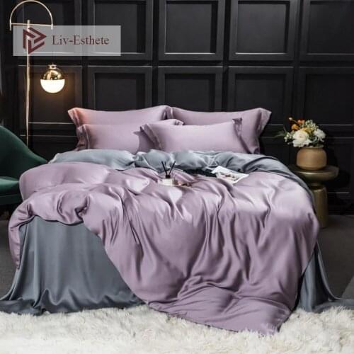 Liv-Esthete Luxury 100% Silk Purple Gray Bedding Set Nature Silky Duvet Cover Queen King Flat Sheet Pillowcase Home Textile