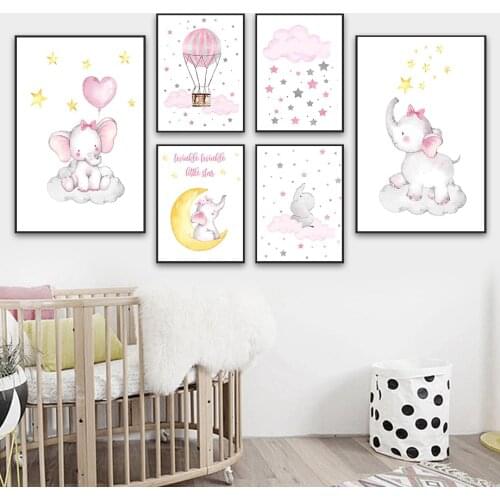 Pink Elephant Star Moon Cloud Hot Air Balloon Wall Art Canvas Painting Nordic Posters And Prints Wall Pictures Kids Room Decor