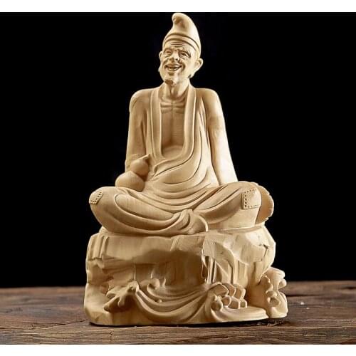 12cm Boxwood Jigong Buddha Statue Xianglong Luohan Feng Shui Monk Real Wood Sculpture Home Decor