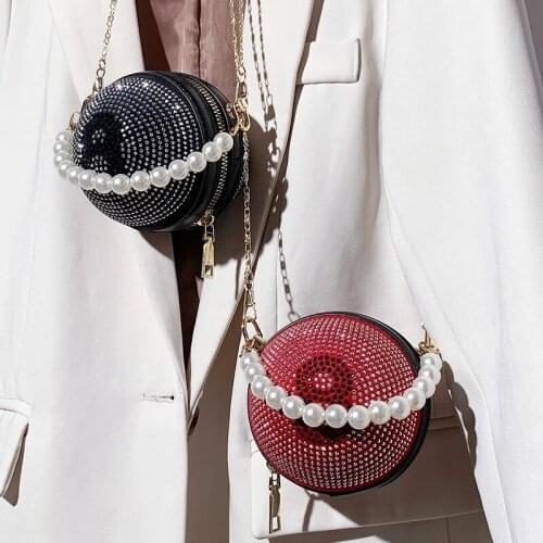 Diamond Round Crossbody Bag Pearl Mini Tote Bag 2021 Summer New PU Leather Womens Designer Handbag Chain Shoulder Messenger Bag