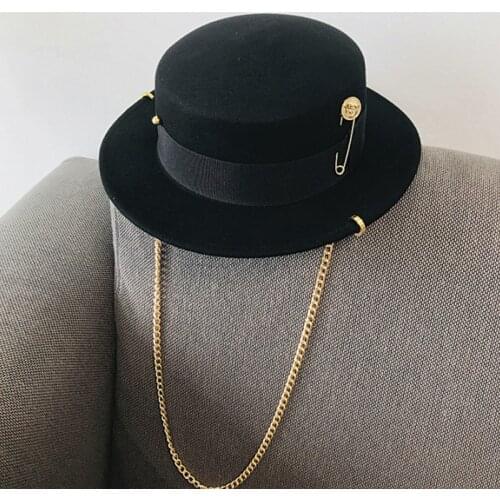 Fibonacci 2021 Fedora Hat Retro Wool Felt Hat Women European Punk Chain Novelty Flat Top Hats Men Cap Street Fashion Wild Trend