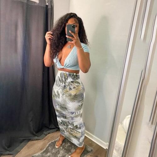 2021 Summer Streetwear Blue White Print Skirt Women Pencil Midi Long Skirt Ruched Boho Casual Bodycon Tight Skirts Female