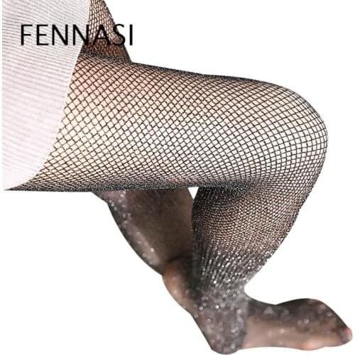 FENNASI Shiny Fishnet Tights Women Flash Silver Wire Fashion Sexy Lady Slim Tights Casual High Elasticity Grid Pantyhose