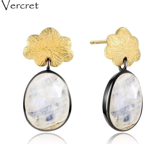 Vercret moonstone drop earrings 925 sterling silver gemstone earrings with gold color flower design women gift