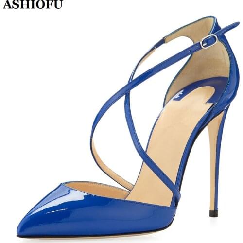 ASHIOFU Hot Sale Handmade Womens High Heel Pumps Patent Leather X-straps Party Prom Shoes Pointy Evening Club Fashion Shoes