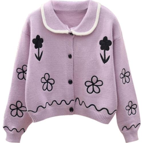 Autumn Women Cropped Cardigan 2021 Floral Embroidery Turn Down Collar Knit Sweater Coat Sexy Cardigans Mujer Knitwear Jacket