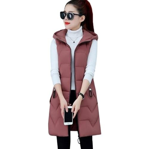 Womens Vest Winter Jacket Women Down Cotton Hooded Vest Female Casual Sleeveless Vest Solid Zipper Long Coat Female Waistcoat