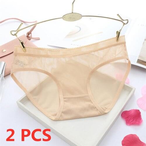 2 Pcs Sexy Solid Mesh Lace Transparent Women Panties Breathable Briefs Low-Rise Elastic Female Underpants Size M L XL